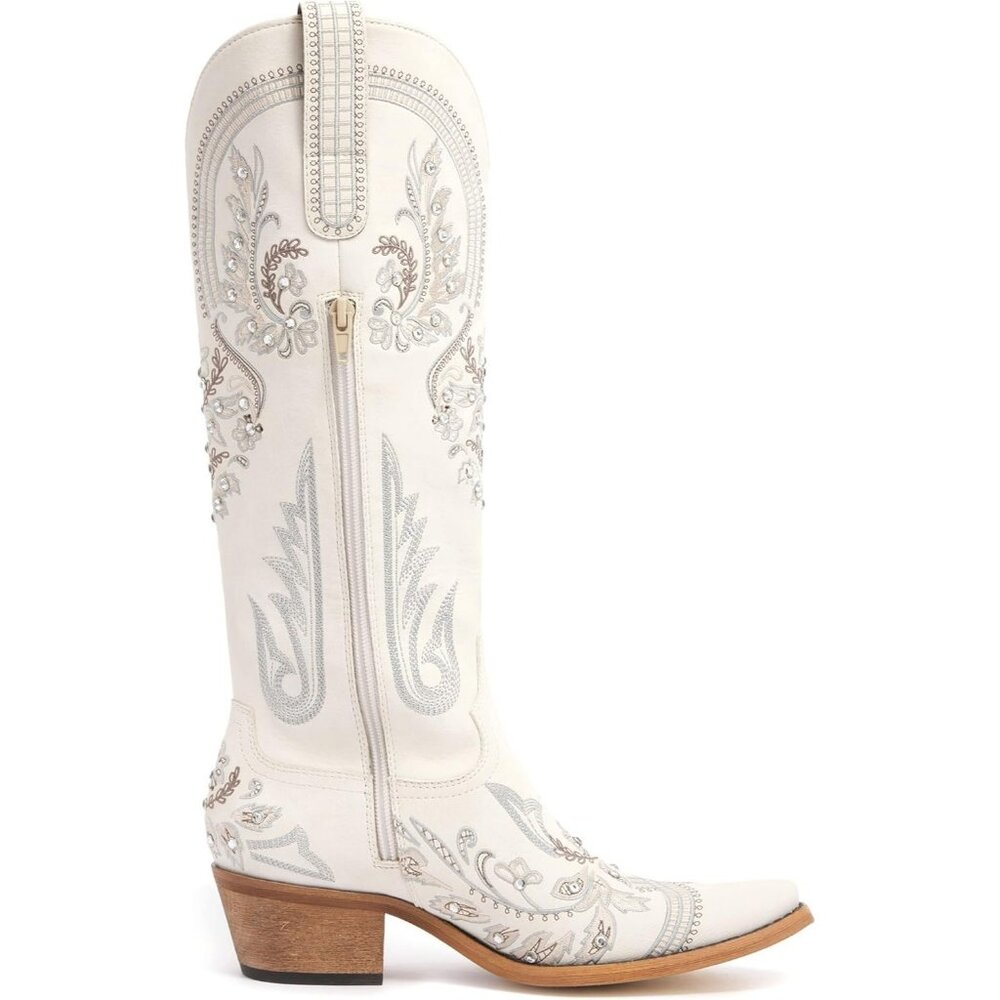 Women's Cream Embroidered Rhinestones Knee High Cowgirl Boots Pointed Toe - Picture 3 of 7